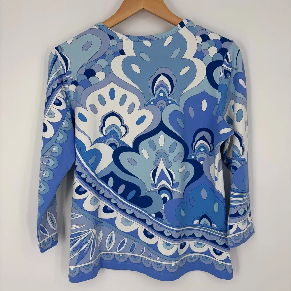 J.McLaughlin Catalina Cloth Blue Psychedelic Paisley Top Womens Large 3/4 Sleeve